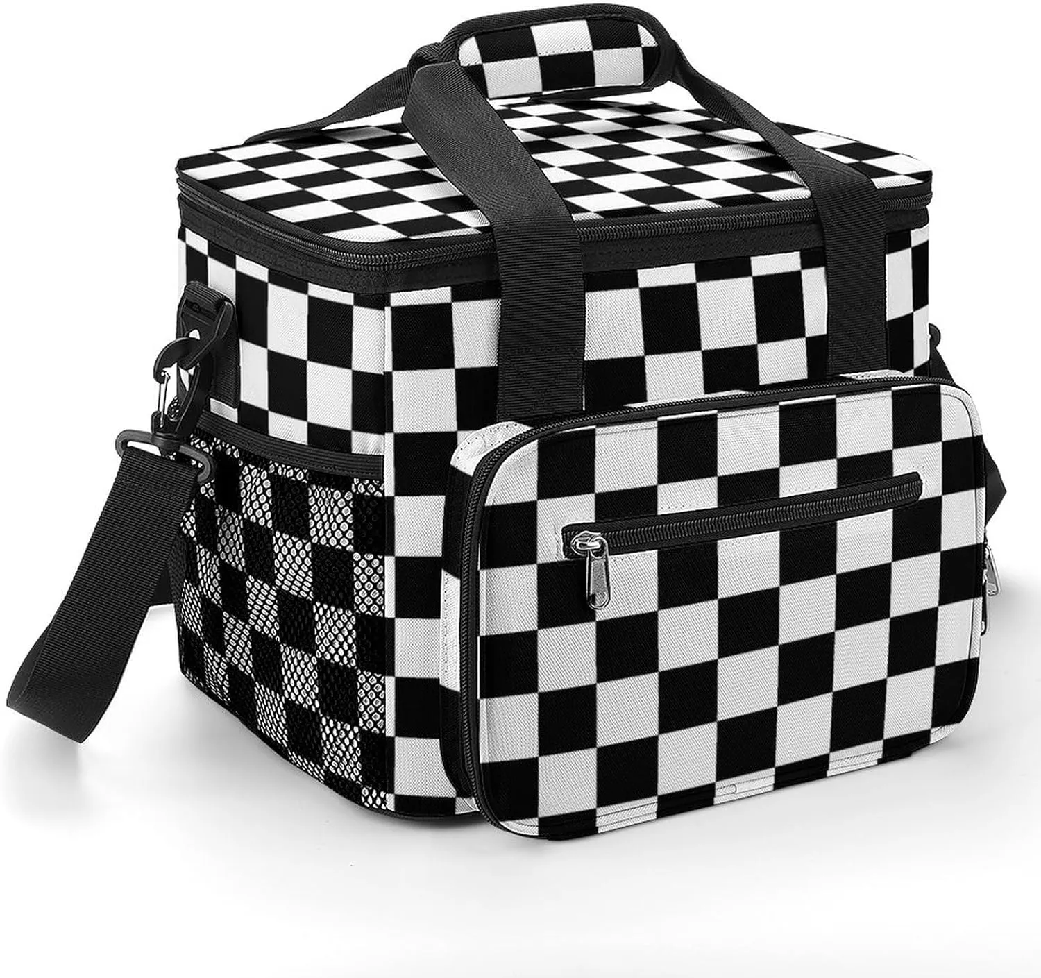 Checkerboard Black White Checkered Cooler Bags Insulated Beach Cooler Large Leak Proof Camping Cooler with Shoulder Strap, 202311109