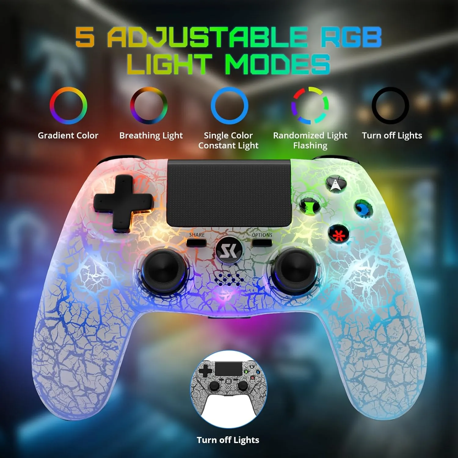CHENGDAO Controller for PS4, Wireless Controllers for PlayStation 4/Pro/Slim, Remote Control with Adjustable RGB Light/1000mAh Battery/6-Axis Motion Sensor/Double Vibration/3.5mm Audio Jack, White