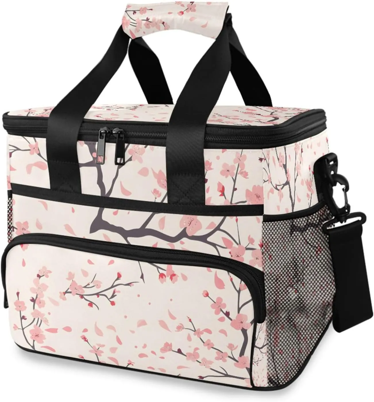 Cherry Blossom Flower Pattern Cooler Bag Insulated Cooler Soft Sided Cooler 24 Can Portable Picnic Bag Large Leakproof Lunch Bag Box for Beach Grocery Camping Travel Car Men Women