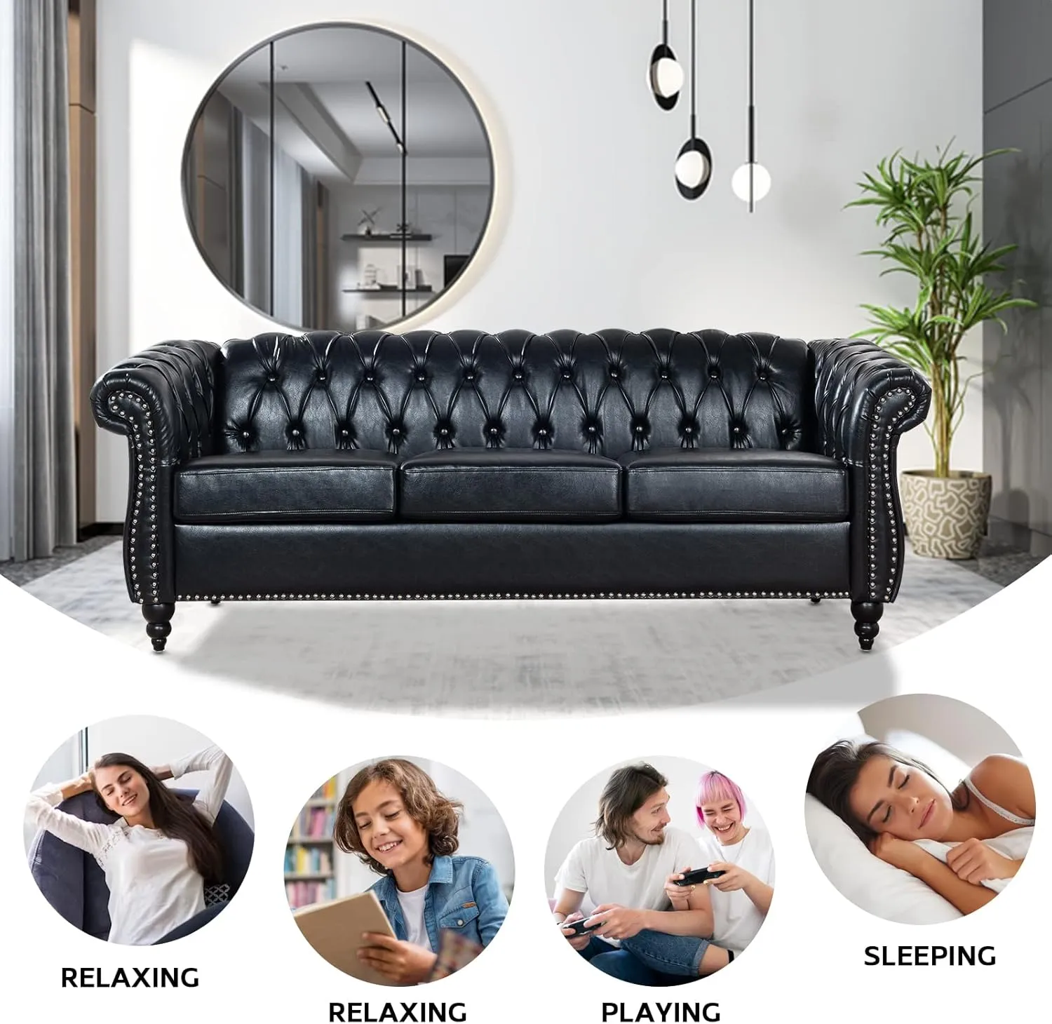 Chesterfield Sofa 2 Piece Set, Modern Black Faux Leather 3 Seater Couches and Sofa Chairs, Upholstered Tufted Button,Scroll Arms and Nailhead Trim, Sectional Sofa Set for Living Room Office Bedroom