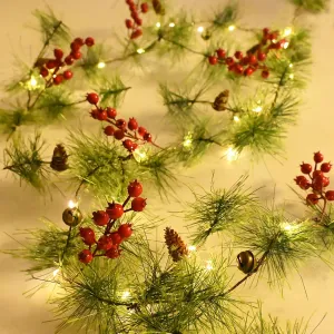 Christmas Garland with LED Fairy Lights Battery Operated Smokey Pine Garlands with 8 Flash Modes and Timer Red Berries Bells Pine Cones Green Garland Rustic Garlands for Xmas Holiday Home