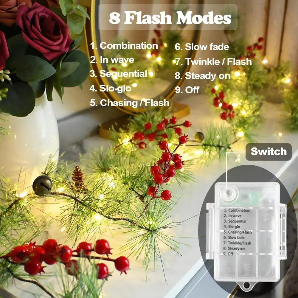 Christmas Garland with LED Fairy Lights Battery Operated Smokey Pine Garlands with 8 Flash Modes and Timer Red Berries Bells Pine Cones Green Garland Rustic Garlands for Xmas Holiday Home