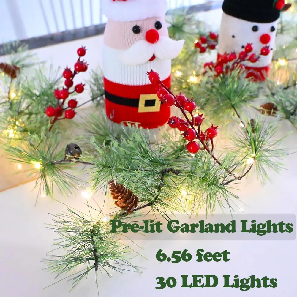 Christmas Garland with LED Fairy Lights Battery Operated Smokey Pine Garlands with 8 Flash Modes and Timer Red Berries Bells Pine Cones Green Garland Rustic Garlands for Xmas Holiday Home