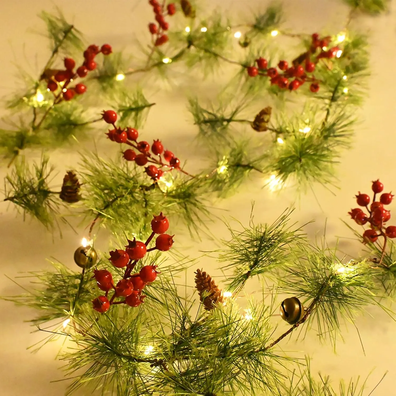 Christmas Garland with LED Fairy Lights Battery Operated Smokey Pine Garlands with 8 Flash Modes and Timer Red Berries Bells Pine Cones Green Garland Rustic Garlands for Xmas Holiday Home