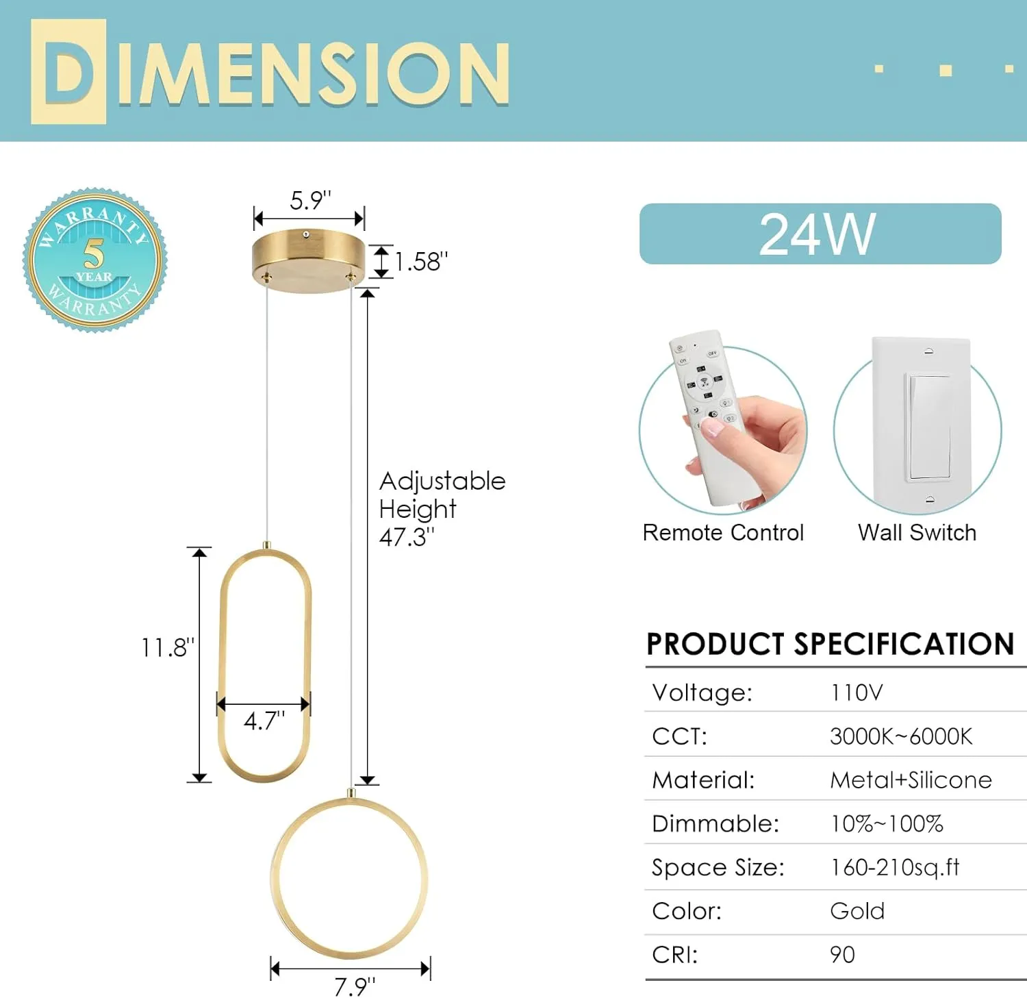 CHYING Gold Pendant Lights LED Dimmable Pendant Lighting for Bedroom Modern Ceiling Hanging Light for Kitchen Island Dining Room Living Room Bathroom 3000K-6000K