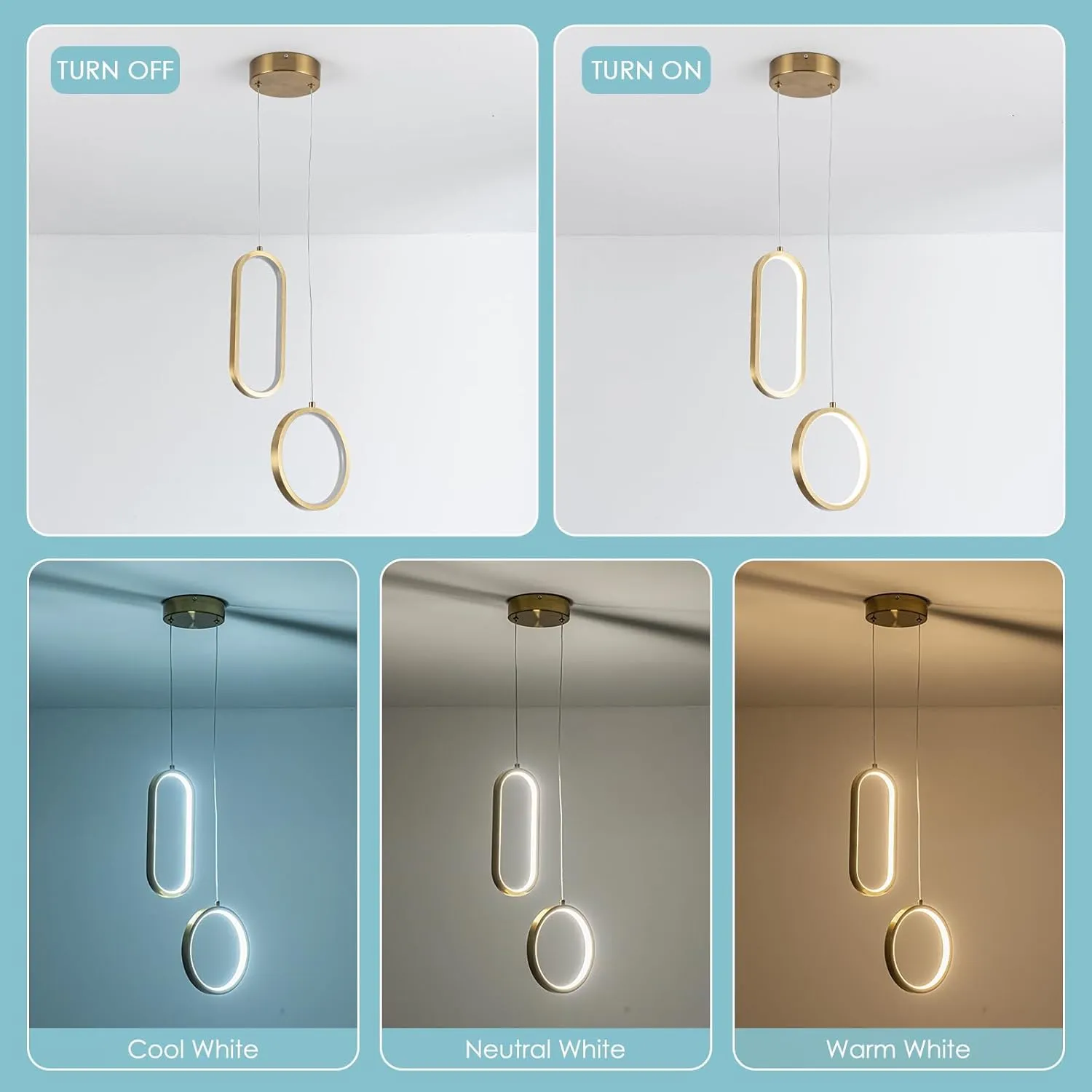 CHYING Gold Pendant Lights LED Dimmable Pendant Lighting for Bedroom Modern Ceiling Hanging Light for Kitchen Island Dining Room Living Room Bathroom 3000K-6000K