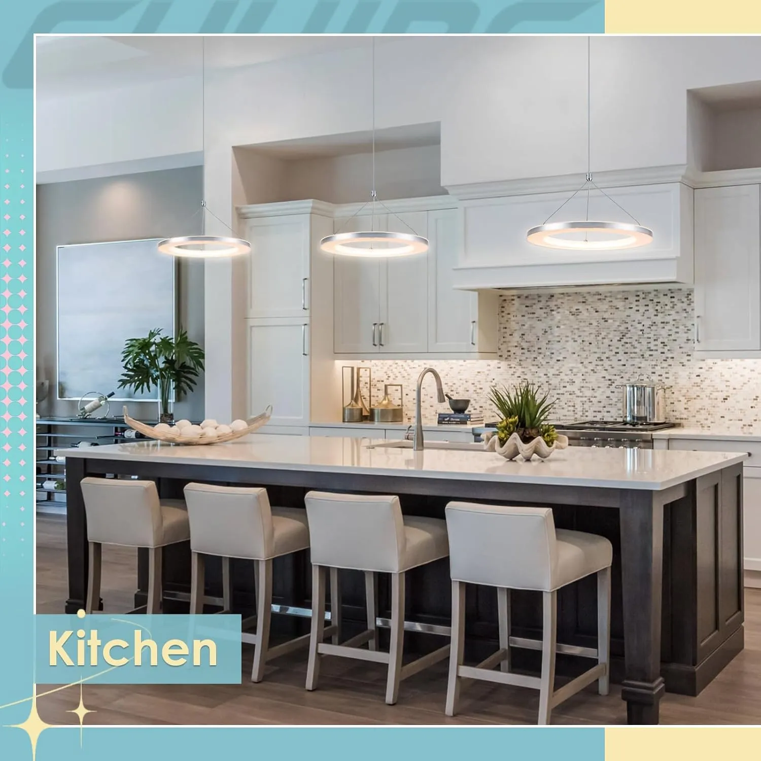 CHYING Pendant Light Modern LED Pendant Lighting 15W 3000K Contemporary Silver Circle Hanging Light Fixture for Kitchen Island Dining Room Bedroom Foyer