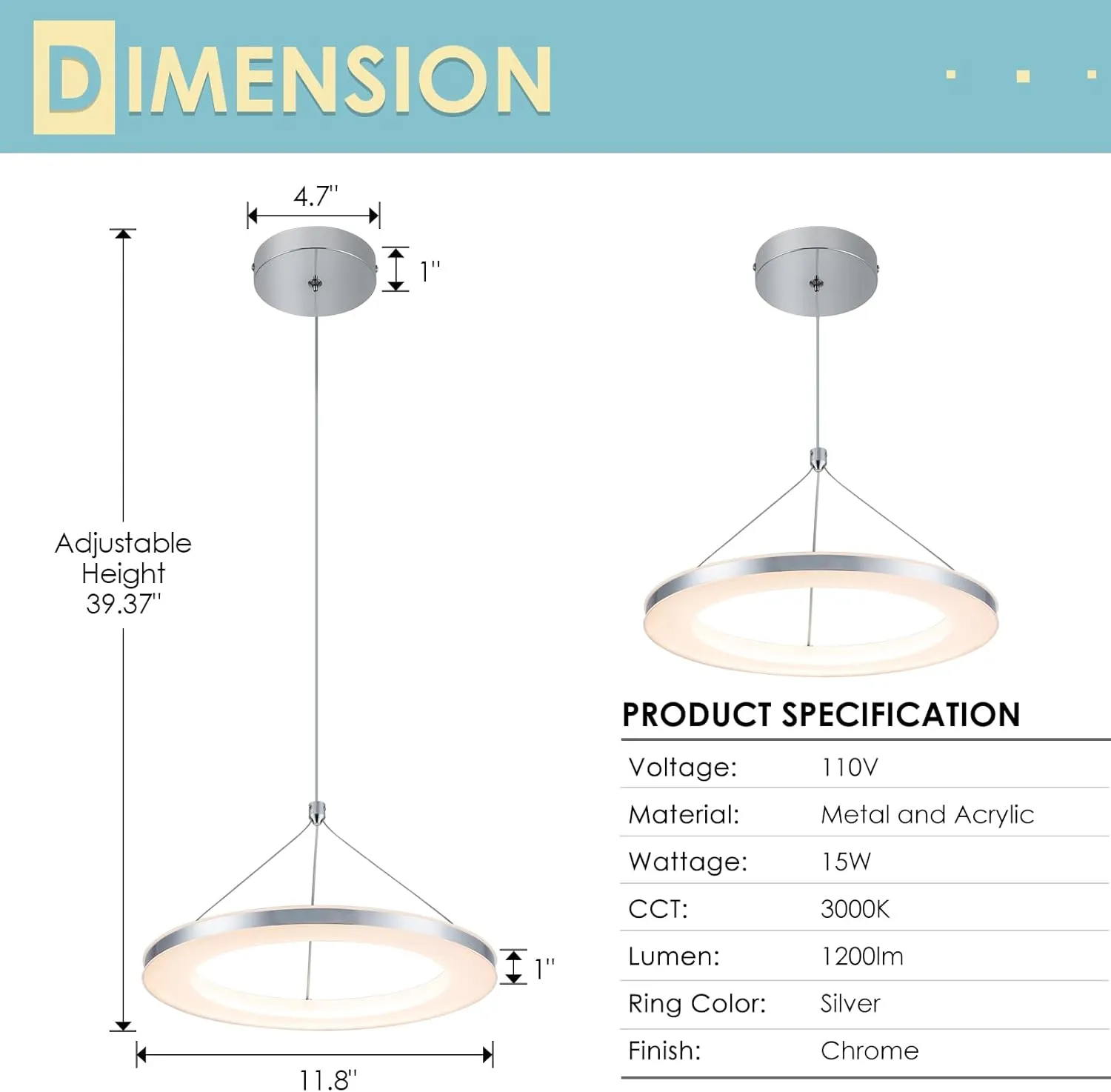 CHYING Pendant Light Modern LED Pendant Lighting 15W 3000K Contemporary Silver Circle Hanging Light Fixture for Kitchen Island Dining Room Bedroom Foyer