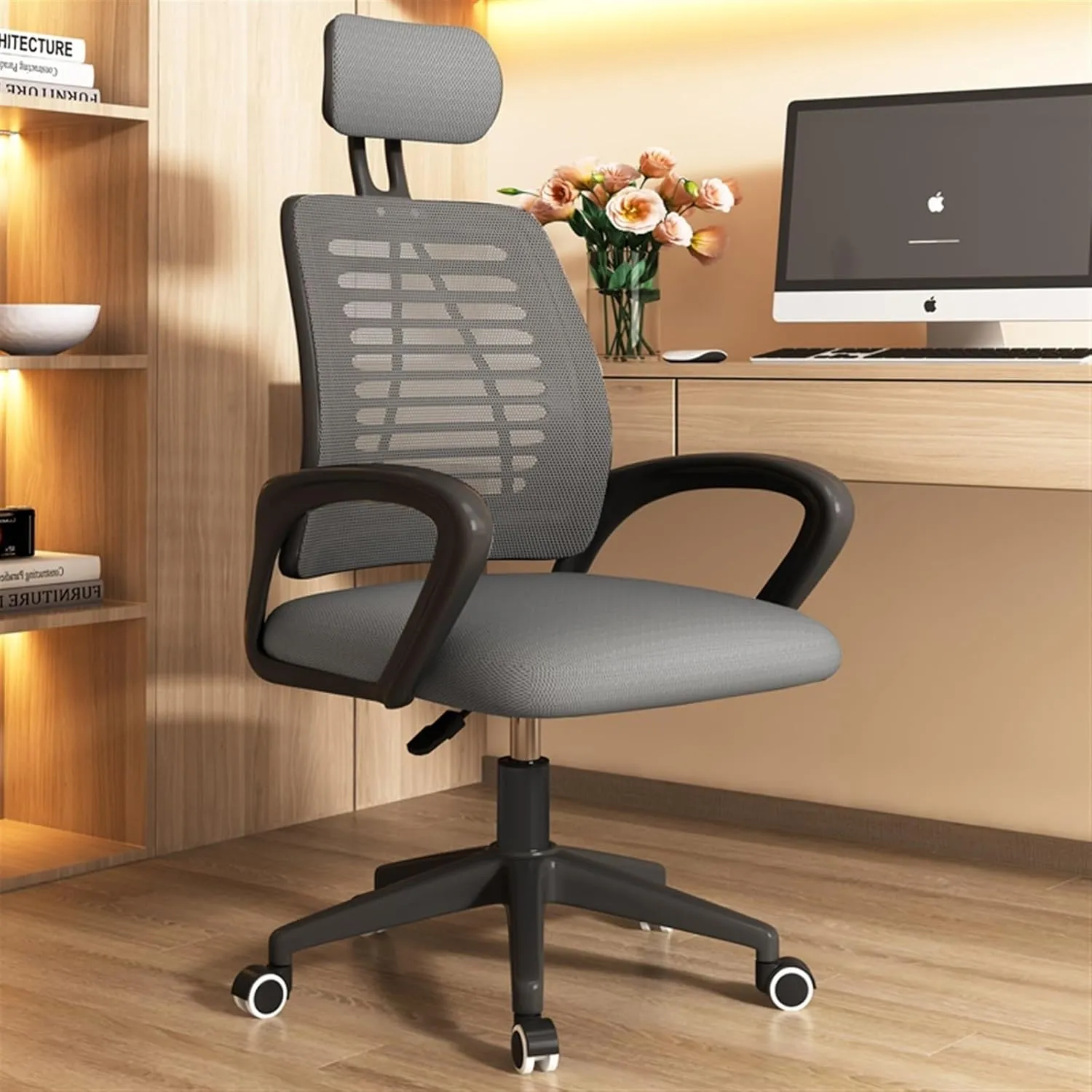 Classic Office Chair Ergonomic Desk Chair, High Back Gaming Chair with Adjustable Headrests, Lumbar Support Breathable Mesh Home Office Chair Desk Task Chair(Gris)