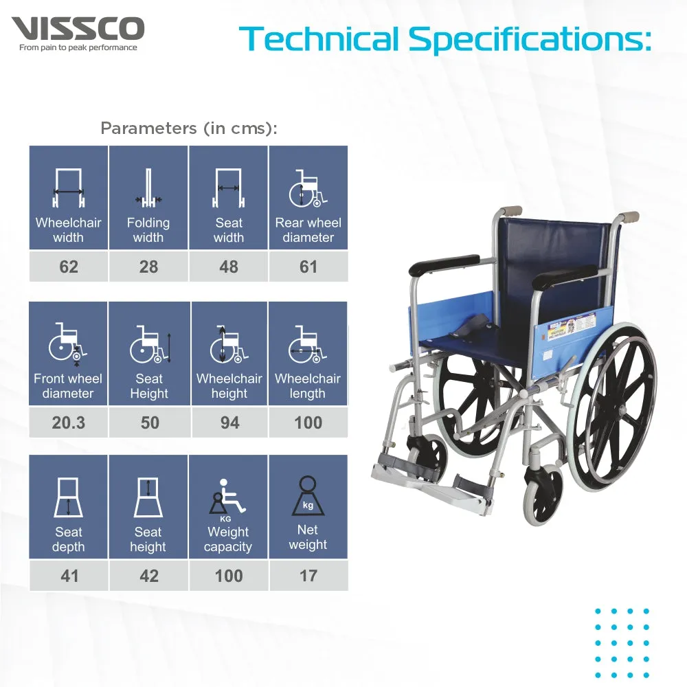 Classic Wheelchair With Fixed Big Wheel | Folding Mechanism & Fixed Armrest for Elderly & Physically Challenged | Weight Bearing Capacity 110kg (Grey)