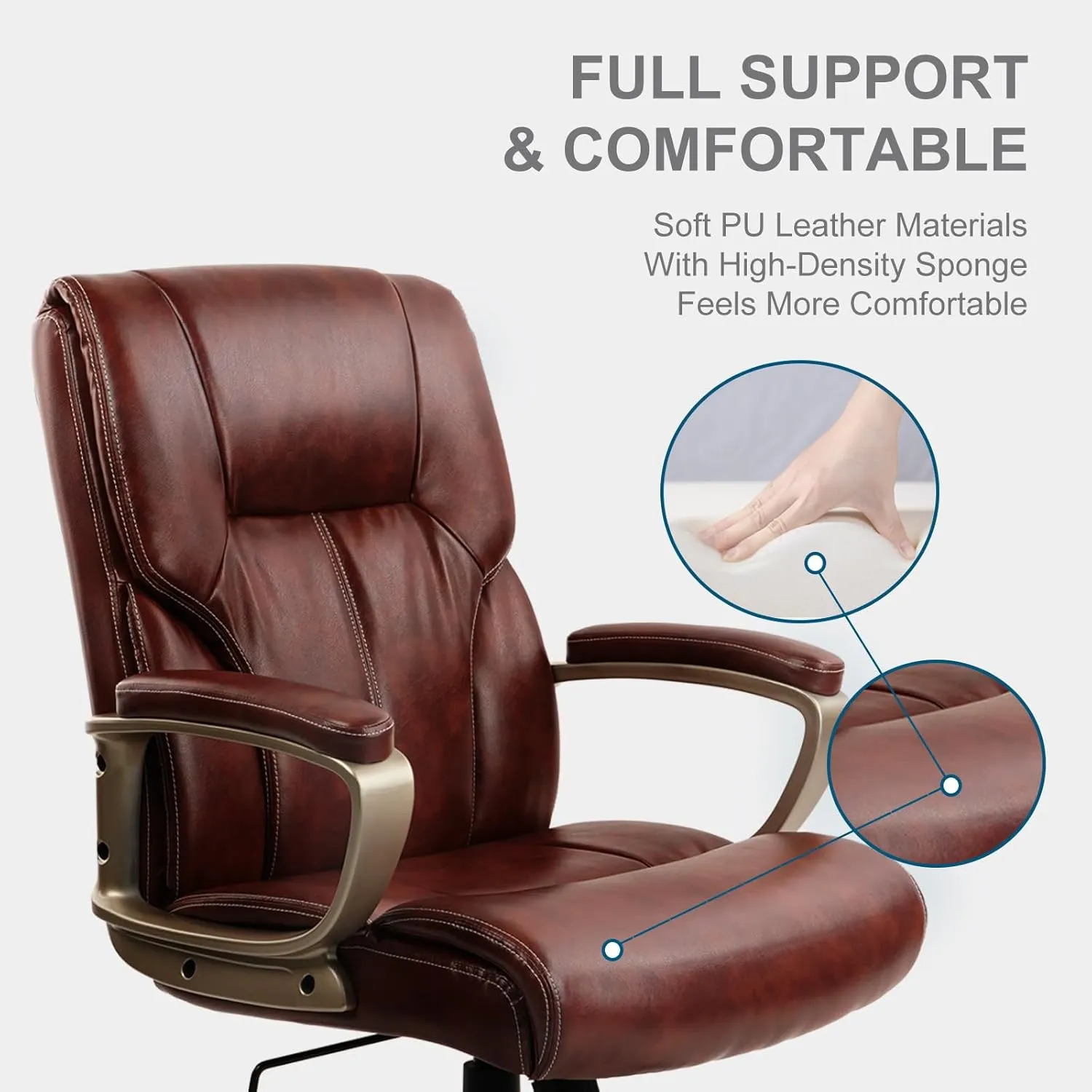 CLATINA Executive Office Chair with High Back, Brown PU Leather Chairs with Wheels and Arms, Managerial Chairs with Soft Padded Armrest Lumbar Support, Swivel Rolling Computer Desk Chair 350 LBS