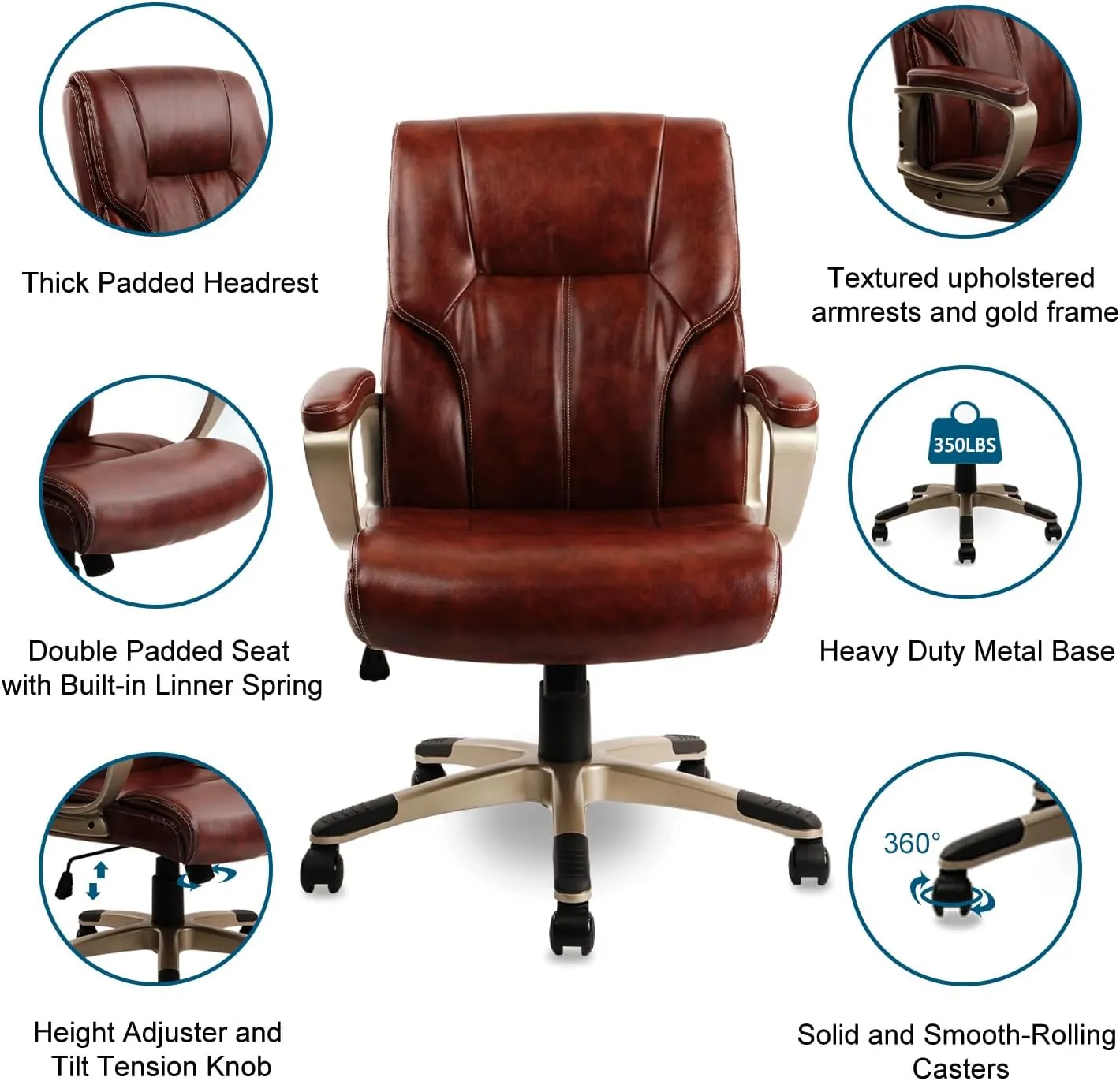 CLATINA Executive Office Chair with High Back, Brown PU Leather Chairs with Wheels and Arms, Managerial Chairs with Soft Padded Armrest Lumbar Support, Swivel Rolling Computer Desk Chair 350 LBS