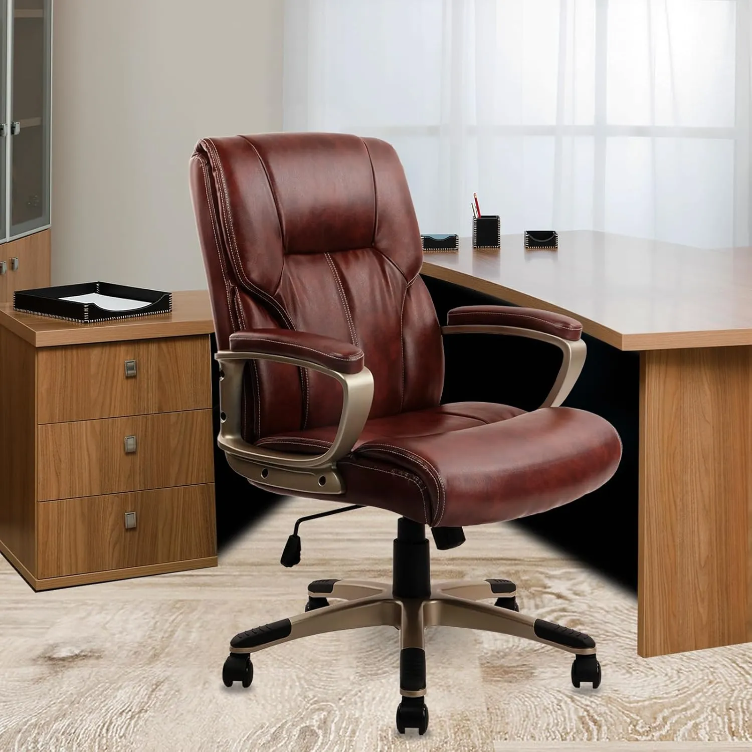 CLATINA Executive Office Chair with High Back, Brown PU Leather Chairs with Wheels and Arms, Managerial Chairs with Soft Padded Armrest Lumbar Support, Swivel Rolling Computer Desk Chair 350 LBS