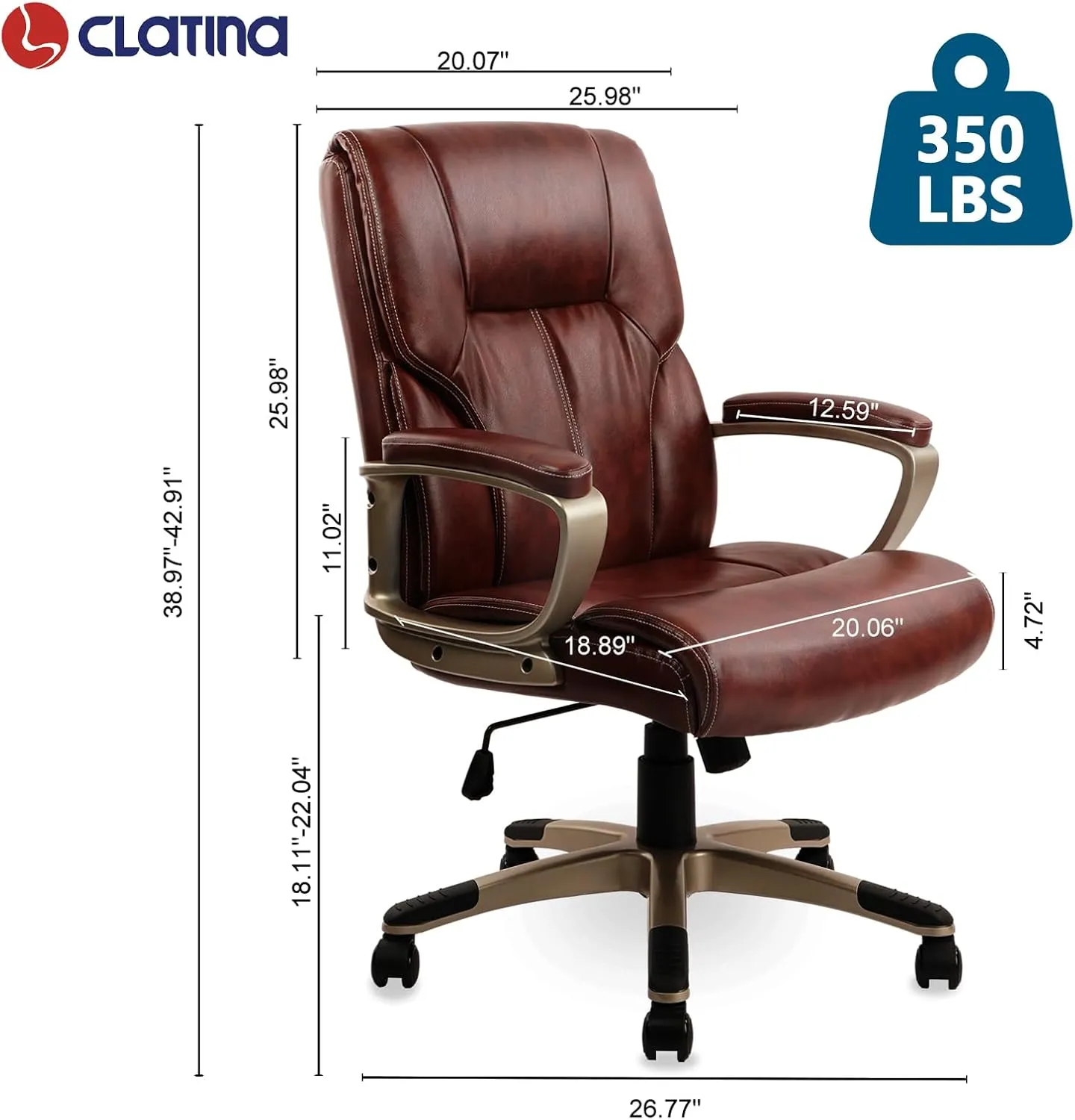 CLATINA Executive Office Chair with High Back, Brown PU Leather Chairs with Wheels and Arms, Managerial Chairs with Soft Padded Armrest Lumbar Support, Swivel Rolling Computer Desk Chair 350 LBS