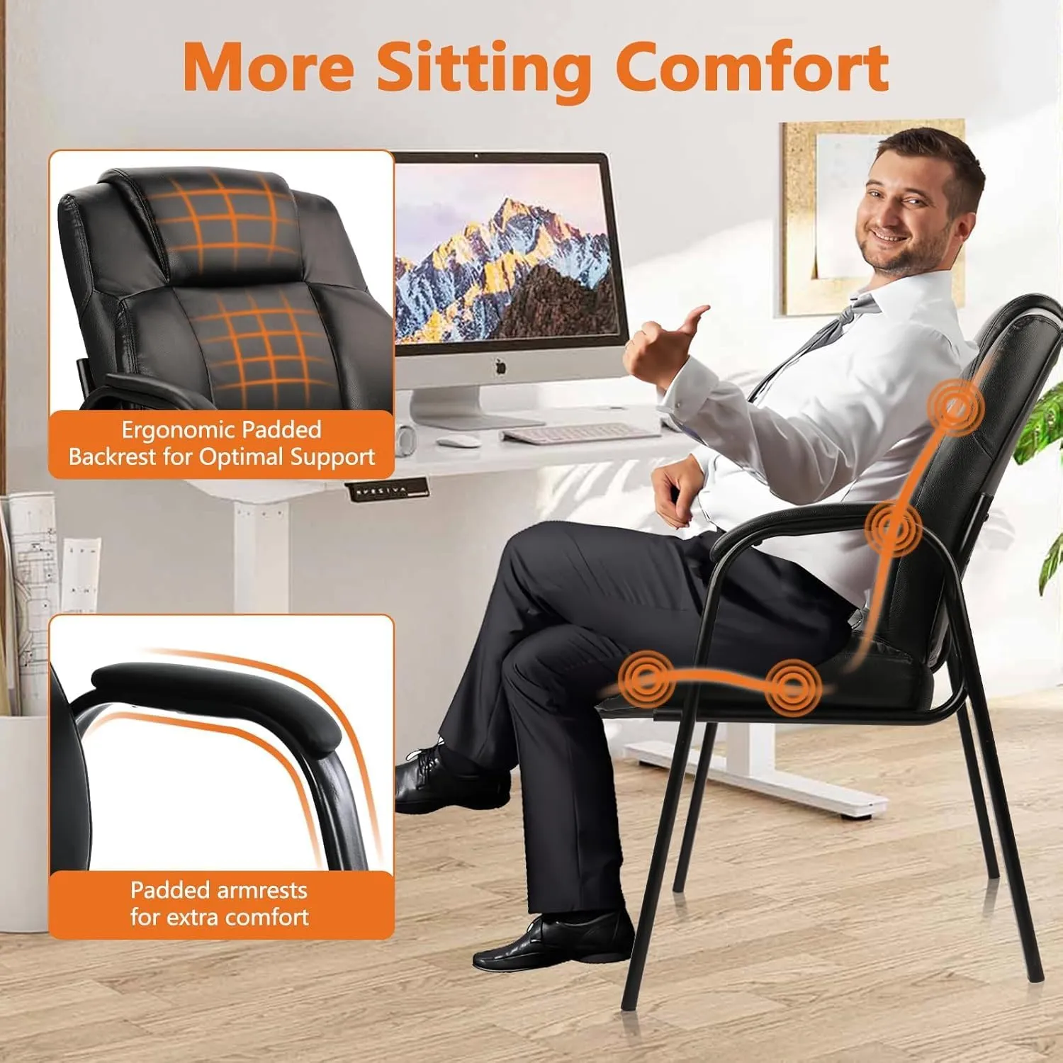 CLATINA Heavy Duty Guest Chair with Padded Armrests, Executive Leather Soft Reception Chair 400lbs Capacity for Office Conference Waiting Meeting Room, Black (1 Pack)