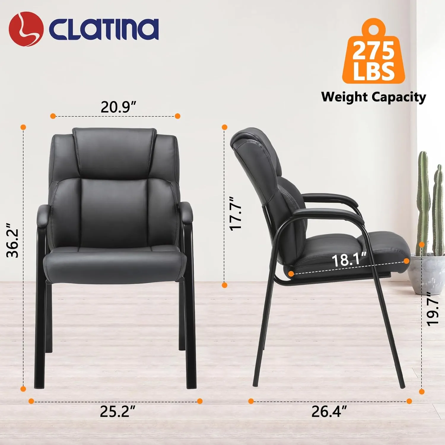 CLATINA Leather Guest Chair with Padded Arm Rest for Reception Meeting Conference and Waiting Room Side Office Home Black 2 Pack