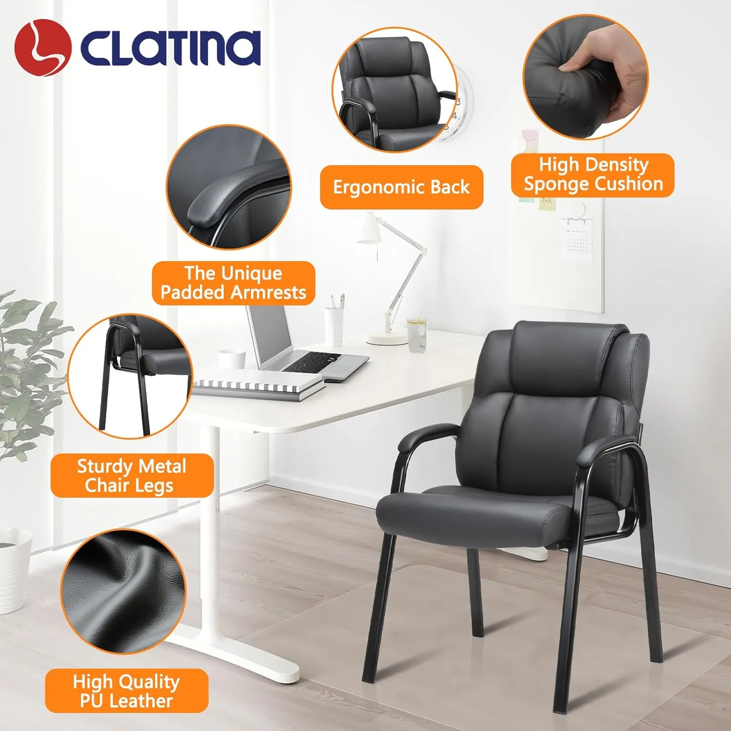 CLATINA Leather Guest Chair with Padded Arm Rest for Reception Meeting Conference and Waiting Room Side Office Home Black 2 Pack