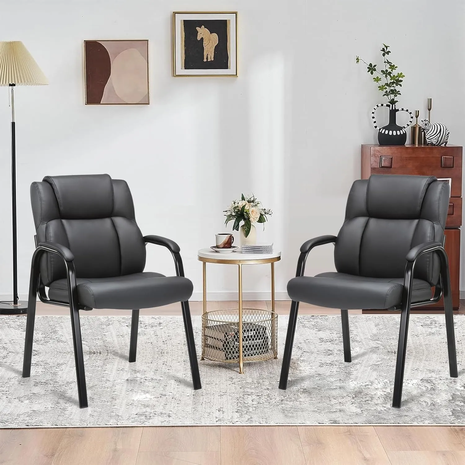 CLATINA Leather Guest Chair with Padded Arm Rest for Reception Meeting Conference and Waiting Room Side Office Home Black 2 Pack