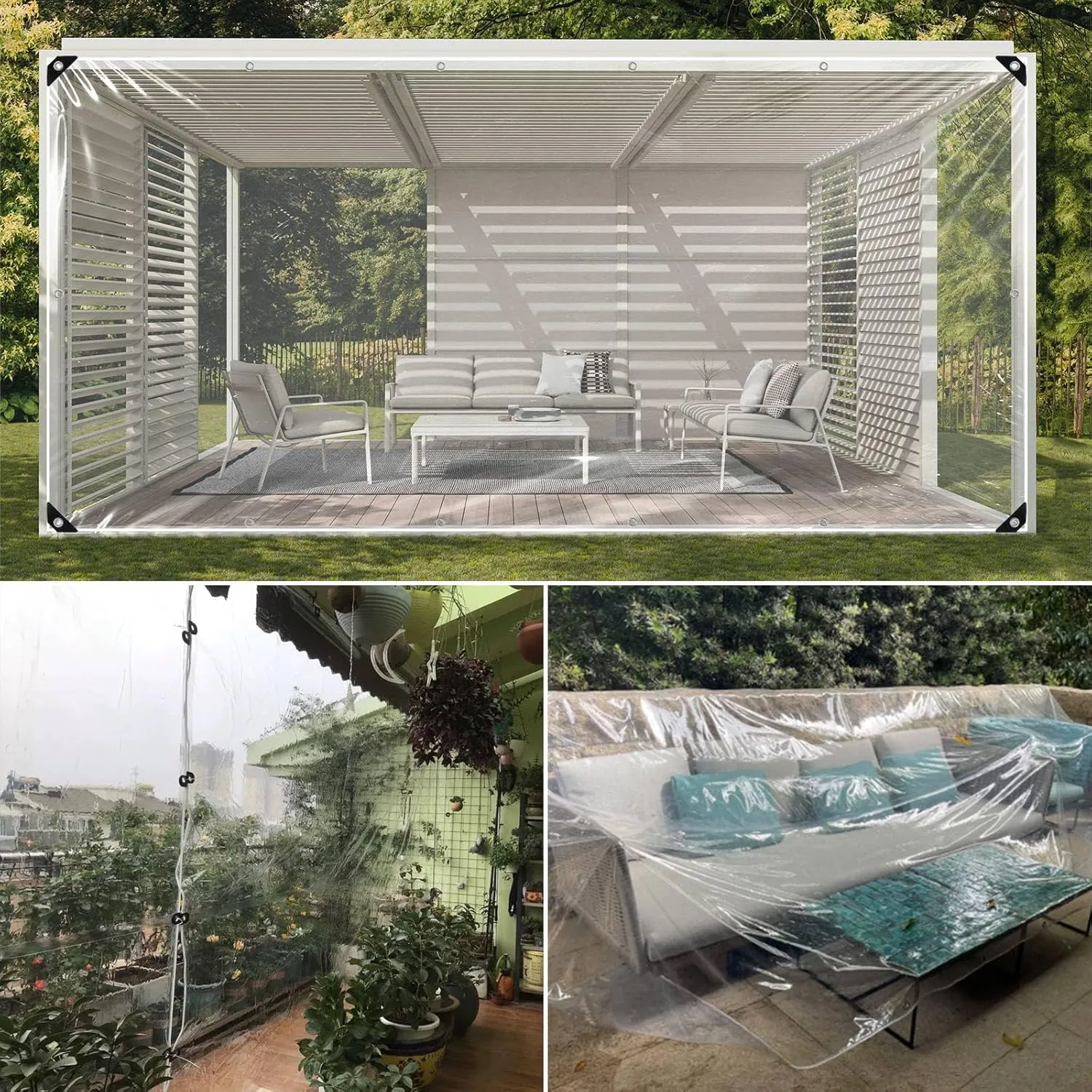 Clear Tarps Heavy Duty: PVC Thicken Transparent Tarpaulin Windproof Weather Proof UV Resistant Rip and Tear Durable Plastic Vinyl Tarp with Metal Grommets Protects Against Water 1-Pack