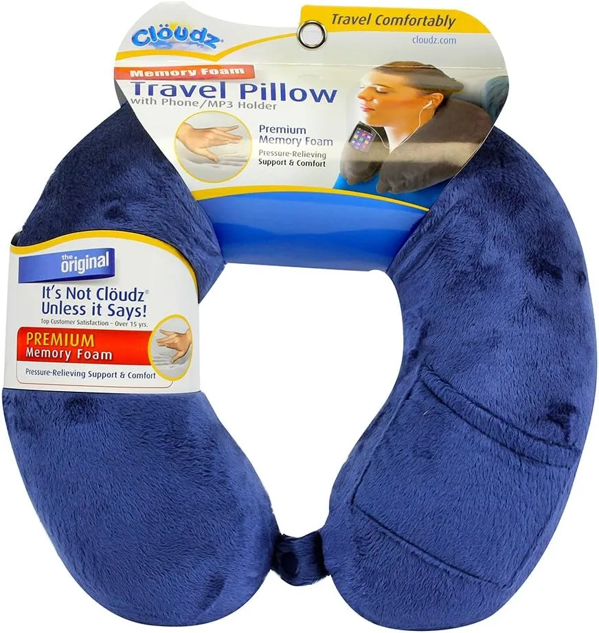 Cloudz Memory Foam Travel Neck Pillow with Snap & Pocket - Blue
