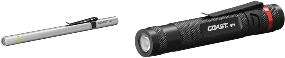 Coast® A9R 54 Lumen Rechargeable Inspection Beam LED Penlight, Silver & G19 54 Lumen Inspection Beam LED Penlight with Adjustable Pocket Clip and Consistent Edge-to-Edge Brightness, Black