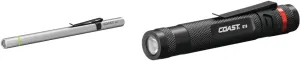 Coast® A9R 54 Lumen Rechargeable Inspection Beam LED Penlight, Silver & G19 54 Lumen Inspection Beam LED Penlight with Adjustable Pocket Clip and Consistent Edge-to-Edge Brightness, Black