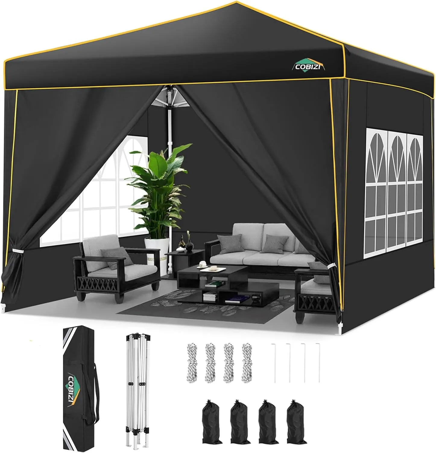 COBIZI 10x10 Pop Up Canopy Party Tents for Parties Waterproof Outdoor Event Shelter with 4 Sidewalls and 4 Sandbags UV Protection 50  Camping Commercial Wedding Portable Tent for Backyard, Black