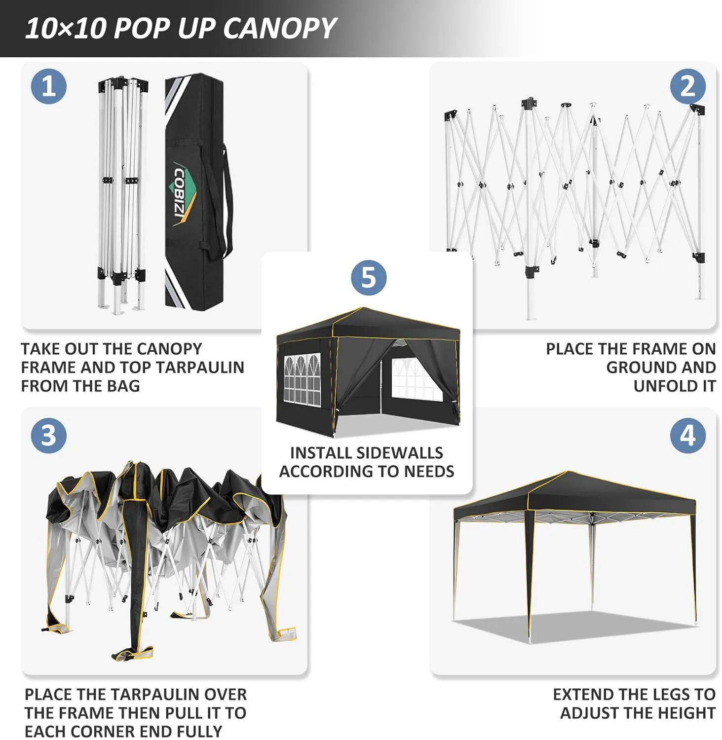 COBIZI 10x10 Pop Up Canopy Party Tents for Parties Waterproof Outdoor Event Shelter with 4 Sidewalls and 4 Sandbags UV Protection 50  Camping Commercial Wedding Portable Tent for Backyard, Black