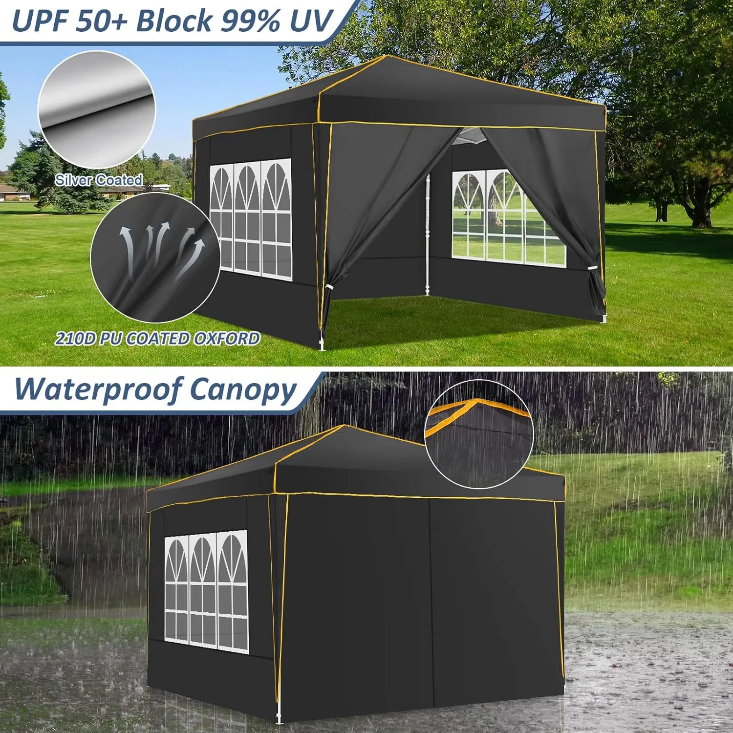 COBIZI 10x10 Pop Up Canopy Party Tents for Parties Waterproof Outdoor Event Shelter with 4 Sidewalls and 4 Sandbags UV Protection 50  Camping Commercial Wedding Portable Tent for Backyard, Black