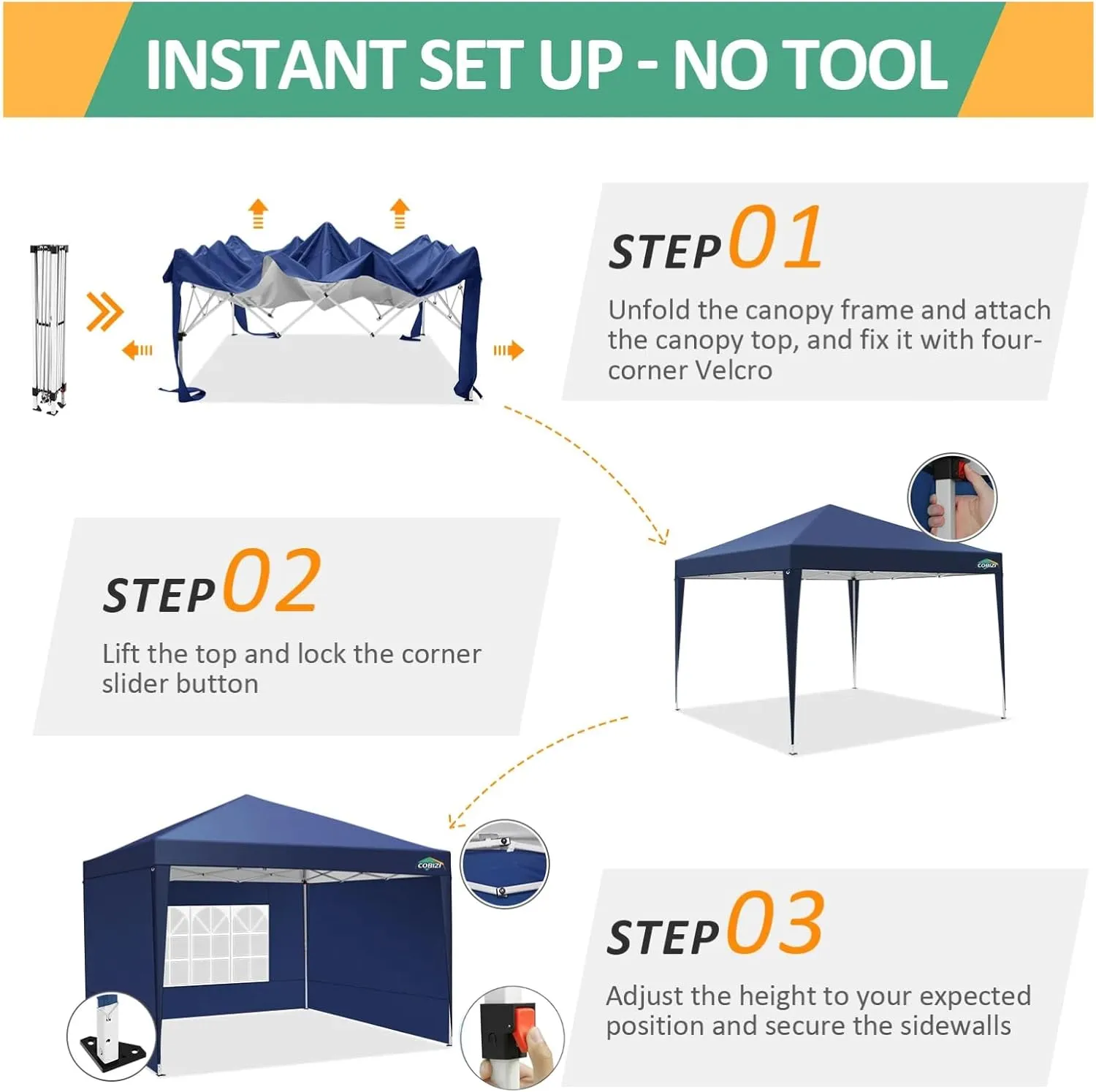 COBIZI 10x10 Pop Up Canopy Tent with 3 Sidewalls, Easy Up Canopy 10x10 Waterproof Commercial Outdoor Gazebo Portable Shelter Instant Tents for Parties,Backyard,Flea Market(Carrying Bag×1