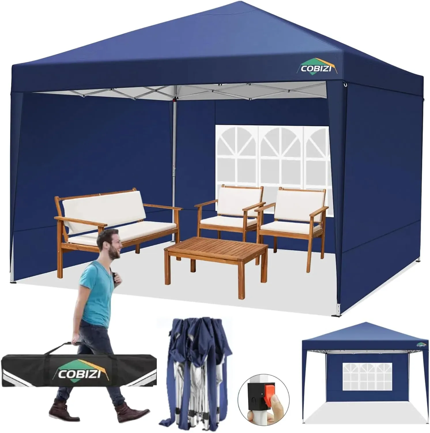 COBIZI 10x10 Pop Up Canopy Tent with 3 Sidewalls, Easy Up Canopy 10x10 Waterproof Commercial Outdoor Gazebo Portable Shelter Instant Tents for Parties,Backyard,Flea Market(Carrying Bag×1