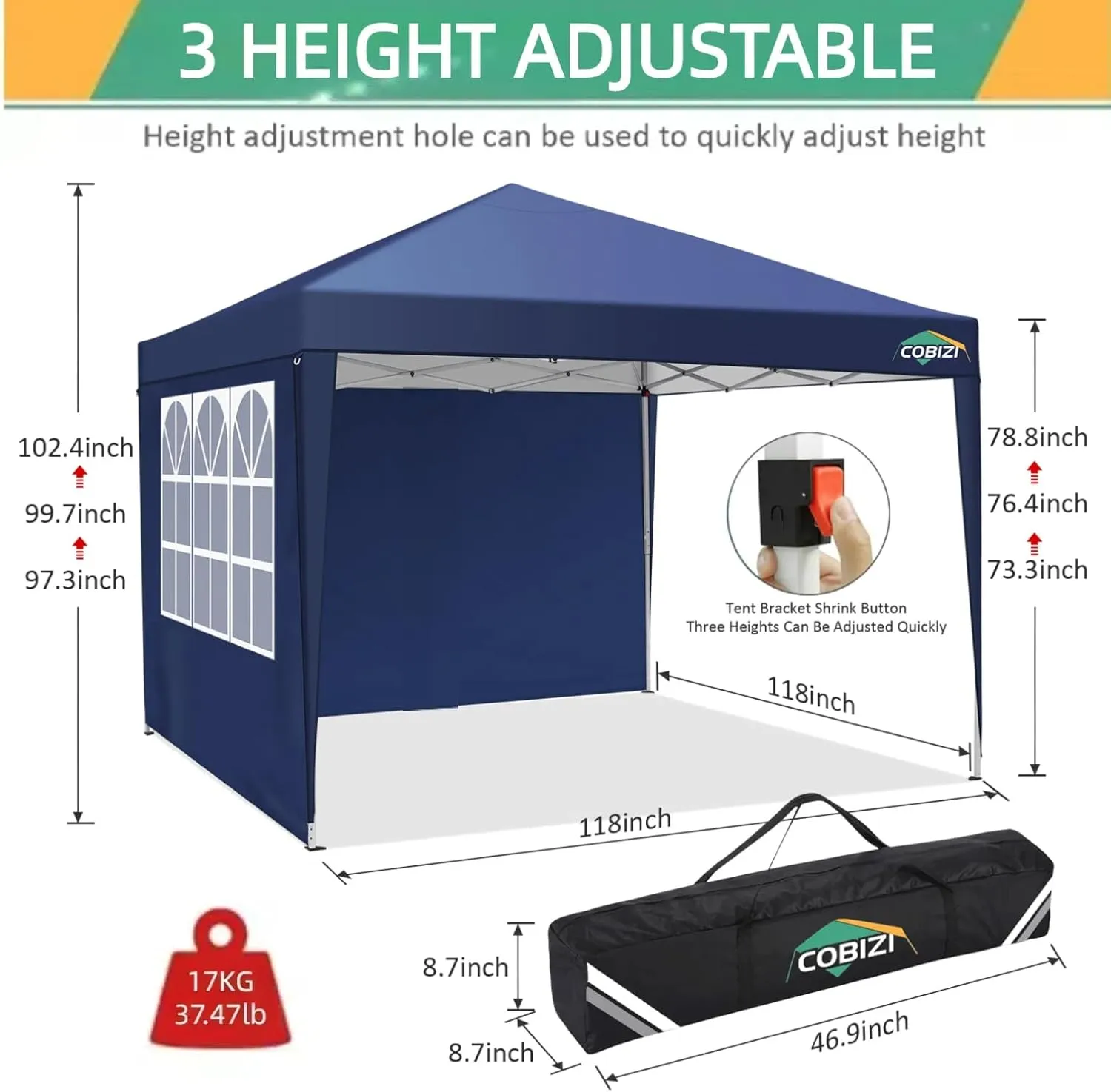 COBIZI 10x10 Pop Up Canopy Tent with 3 Sidewalls, Easy Up Canopy 10x10 Waterproof Commercial Outdoor Gazebo Portable Shelter Instant Tents for Parties,Backyard,Flea Market(Carrying Bag×1