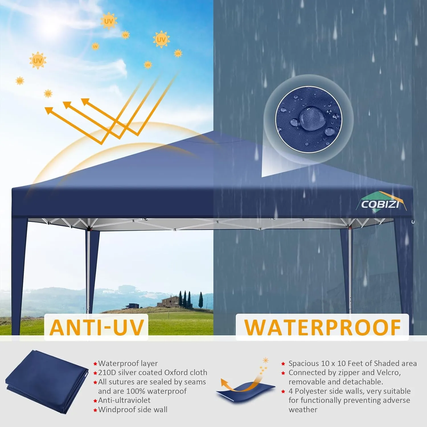 COBIZI 10x10 Pop Up Canopy Tent with 3 Sidewalls, Easy Up Canopy 10x10 Waterproof Commercial Outdoor Gazebo Portable Shelter Instant Tents for Parties,Backyard,Flea Market(Carrying Bag×1