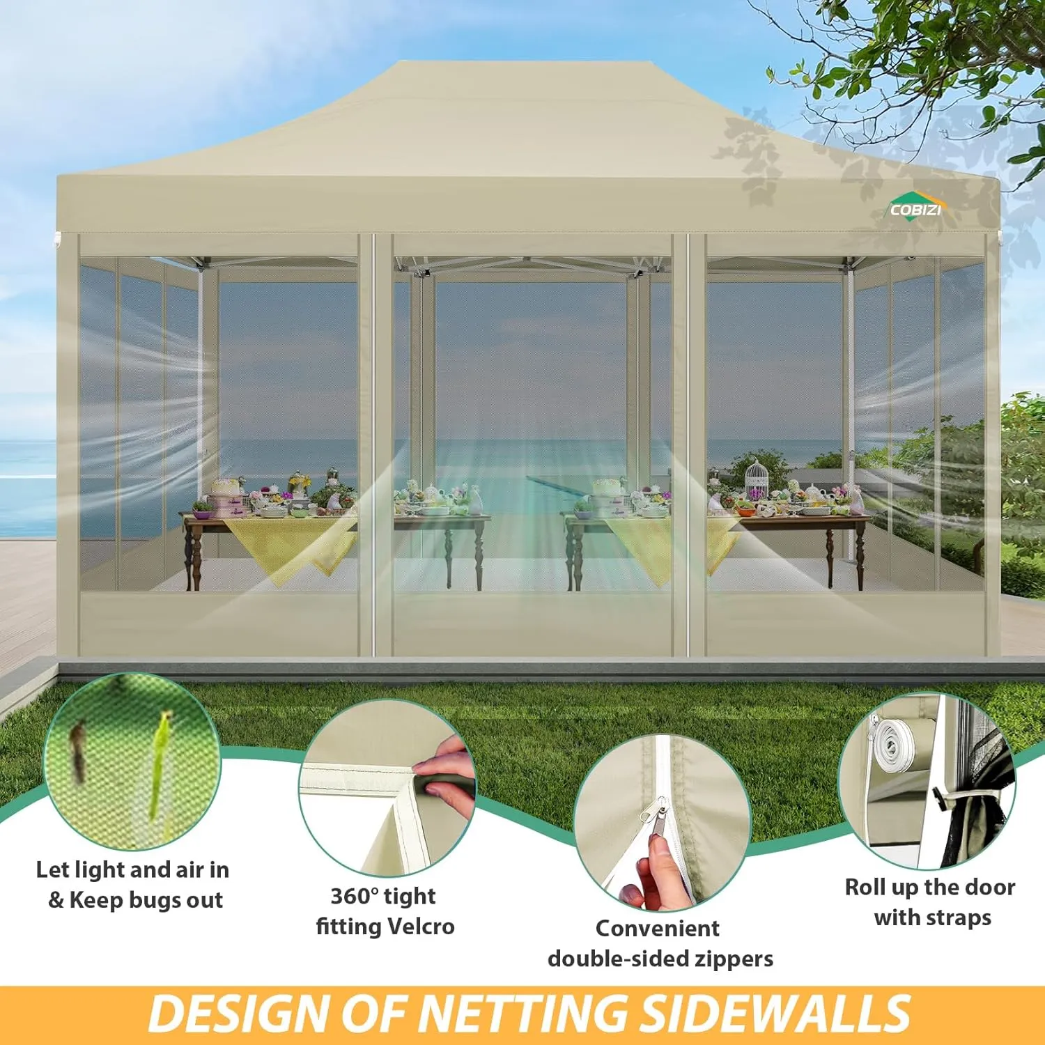 COBIZI 10x15 Canopy Tent with 4 Sidewalls,Heavy Duty Pop up Canopy with Mosquito Netting,Easy up Screen Canopy for Parties Wedding Patio Tent with Handbag,Khaki