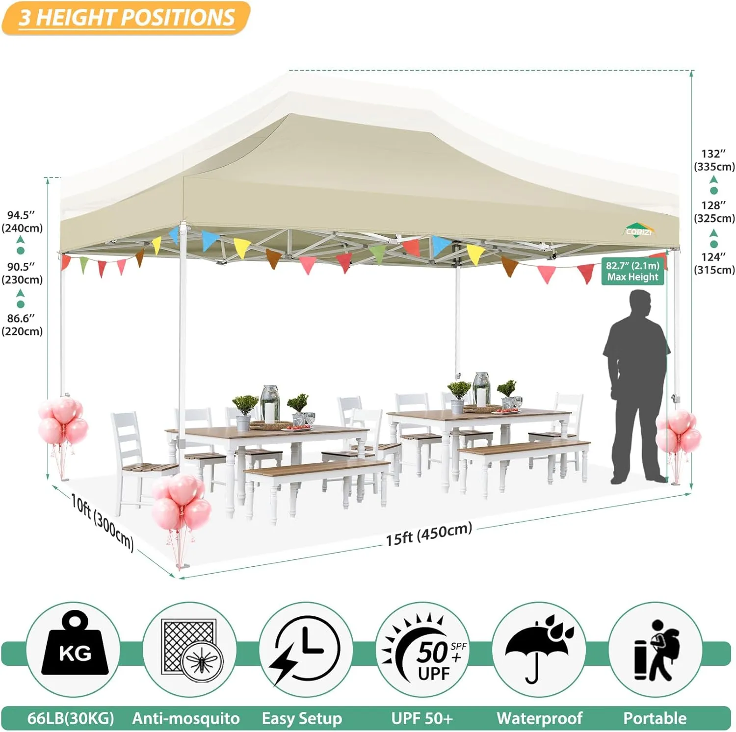 COBIZI 10x15 Canopy Tent with 4 Sidewalls,Heavy Duty Pop up Canopy with Mosquito Netting,Easy up Screen Canopy for Parties Wedding Patio Tent with Handbag,Khaki