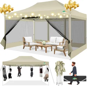 COBIZI 10x15 Canopy Tent with 4 Sidewalls,Heavy Duty Pop up Canopy with Mosquito Netting,Easy up Screen Canopy for Parties Wedding Patio Tent with Handbag,Khaki