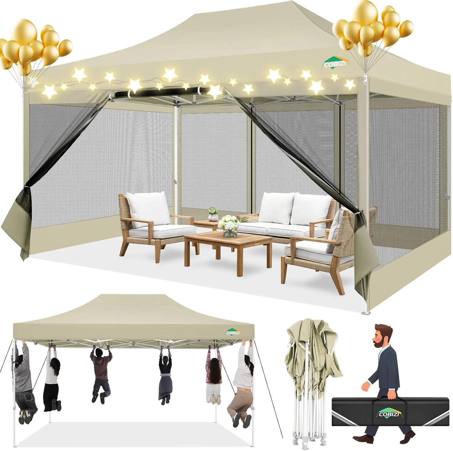 COBIZI 10x15 Canopy Tent with 4 Sidewalls,Heavy Duty Pop up Canopy with Mosquito Netting,Easy up Screen Canopy for Parties Wedding Patio Tent with Handbag,Khaki
