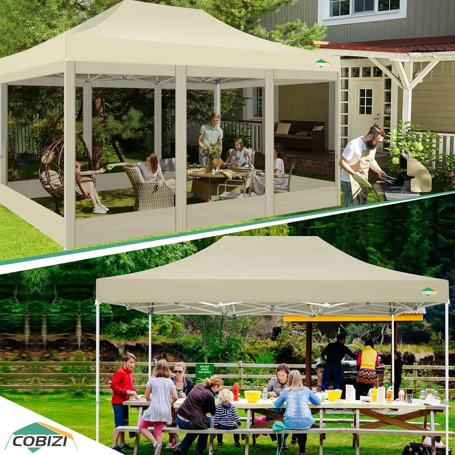COBIZI 10x15 Canopy Tent with 4 Sidewalls,Heavy Duty Pop up Canopy with Mosquito Netting,Easy up Screen Canopy for Parties Wedding Patio Tent with Handbag,Khaki