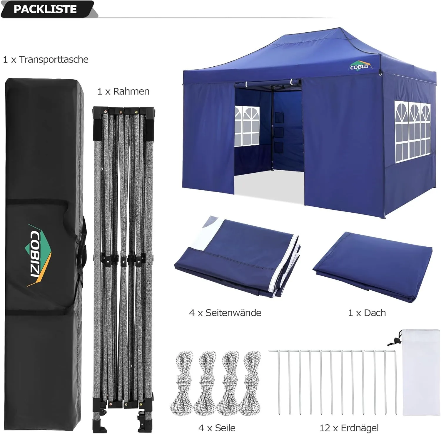 COBIZI 10x15 Pop up Canopy Tent 10x15 Canopy with 4 Sidewalls Waterproof Heavy Duty Commercial Canopy Tent for Parties Outdoor Tent Garden Gazebo Tent, Carry Bag(10x15ft, Dark Blue)
