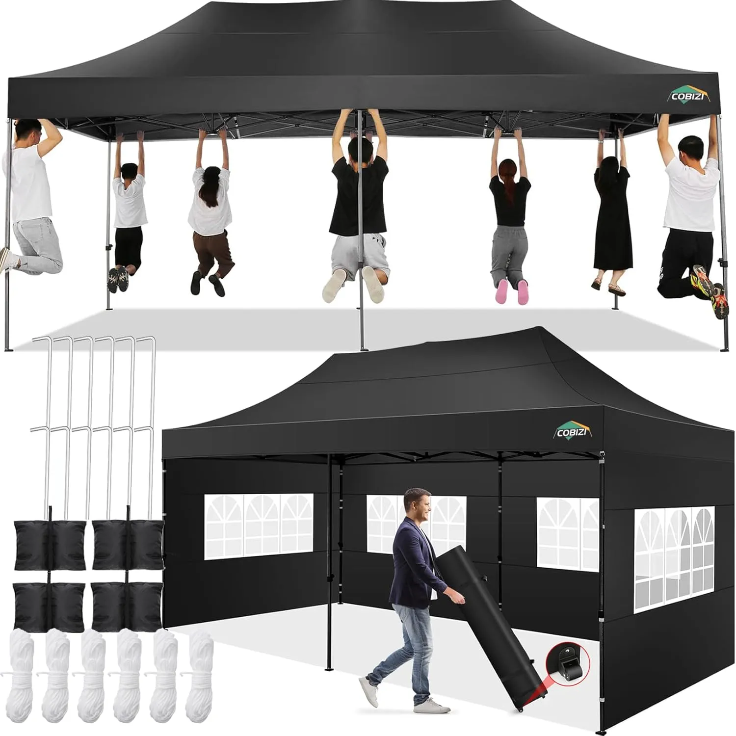 COBIZI 10x20 Pop up Canopy Tent 10x20 Canopy with 6 Sidewalls Waterproof Heavy Duty Commercial Canopy Tent for Parties Outdoor Tent Garden Gazebo Tent, Carry Bag with Wheel(10x20ft, Black)