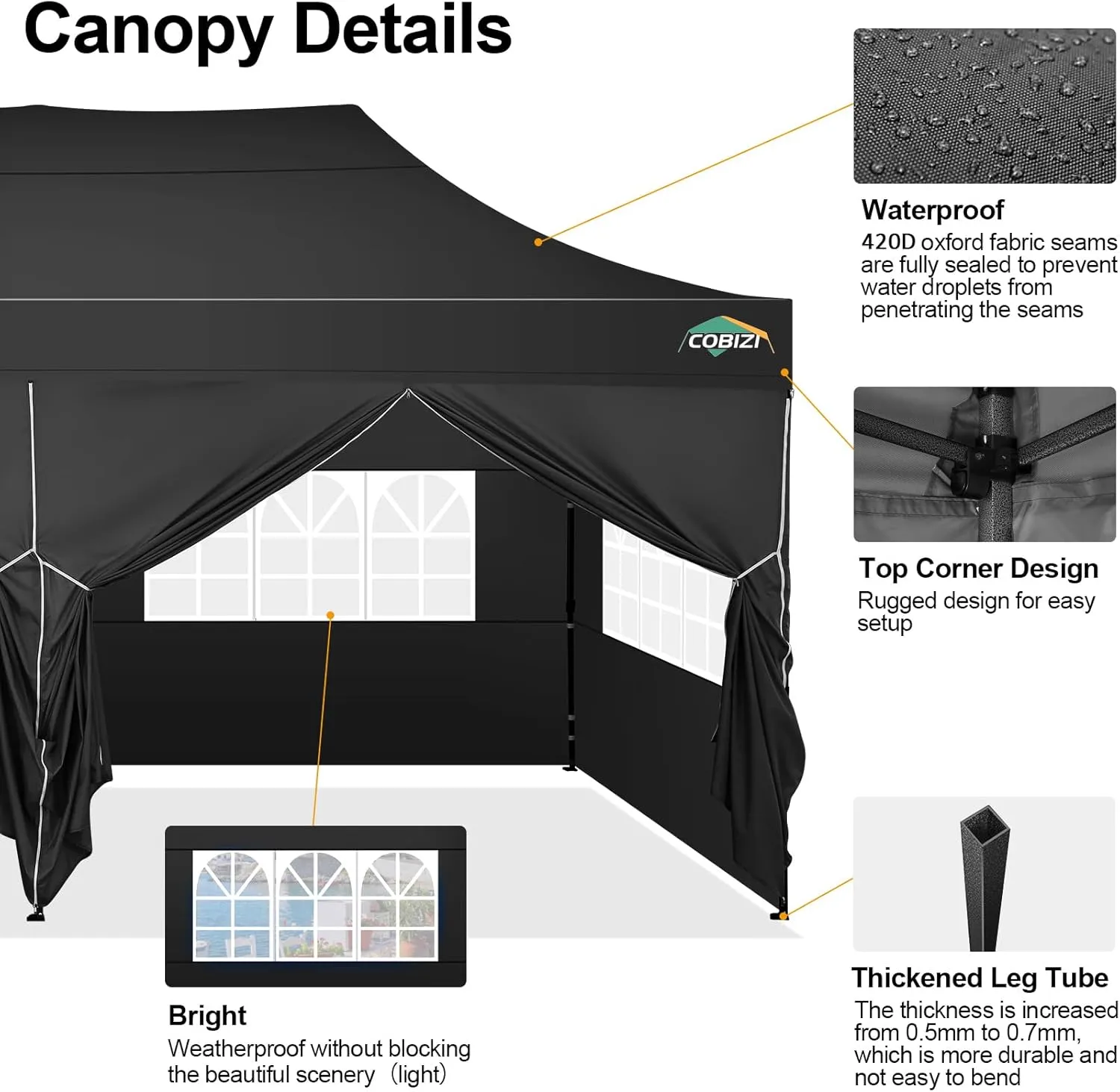 COBIZI 10x20 Pop up Canopy Tent 10x20 Canopy with 6 Sidewalls Waterproof Heavy Duty Commercial Canopy Tent for Parties Outdoor Tent Garden Gazebo Tent, Carry Bag with Wheel(10x20ft, Black)