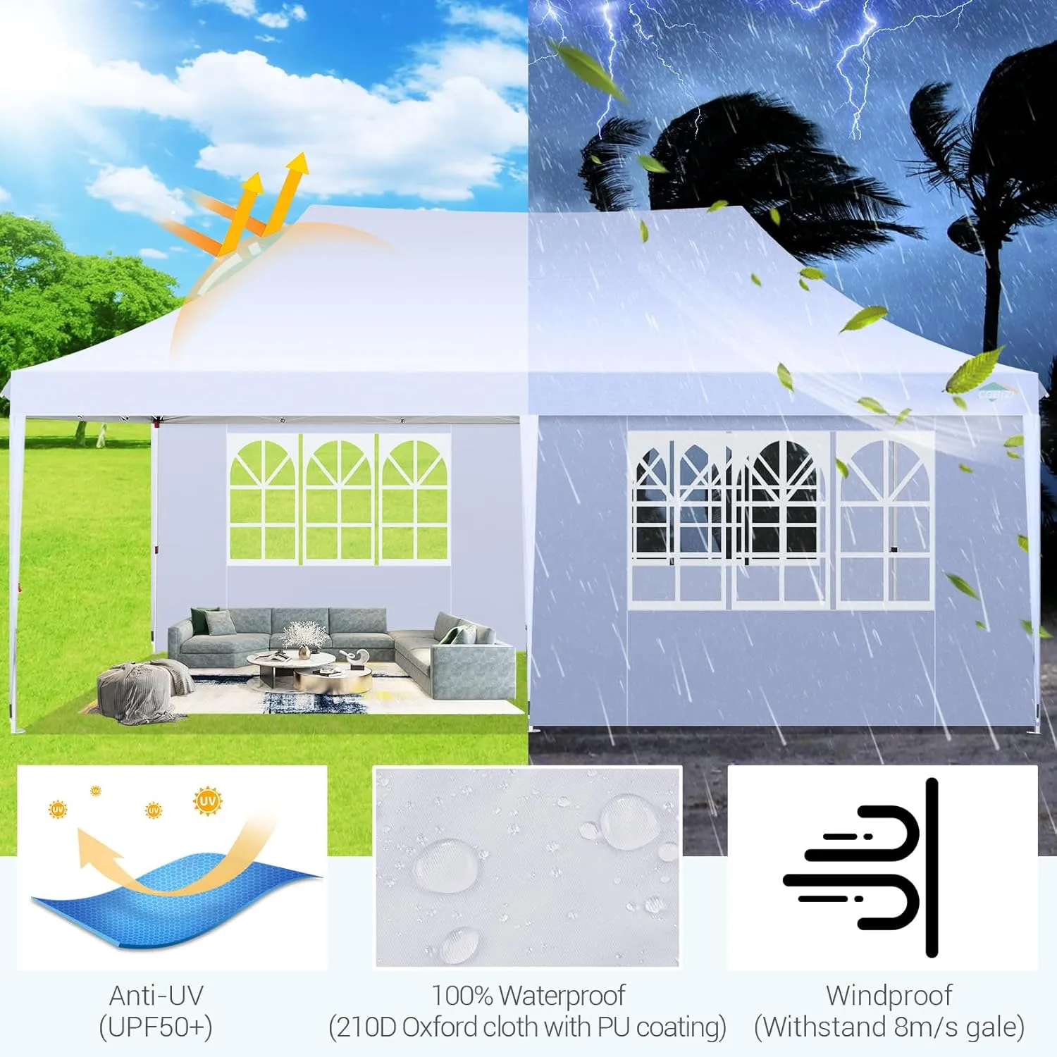 COBIZI 10x20 Pop Up Canopy with 6 Sidewall, Commercial Canopy UPF 50  Waterproof Outdoor Gazebo with Carry Bag, Tents for Parties with Upgrade Frame, 3 Height Adjustable, White