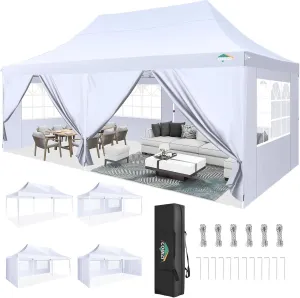 COBIZI 10x20 Pop Up Canopy with 6 Sidewall, Commercial Canopy UPF 50  Waterproof Outdoor Gazebo with Carry Bag, Tents for Parties with Upgrade Frame, 3 Height Adjustable, White