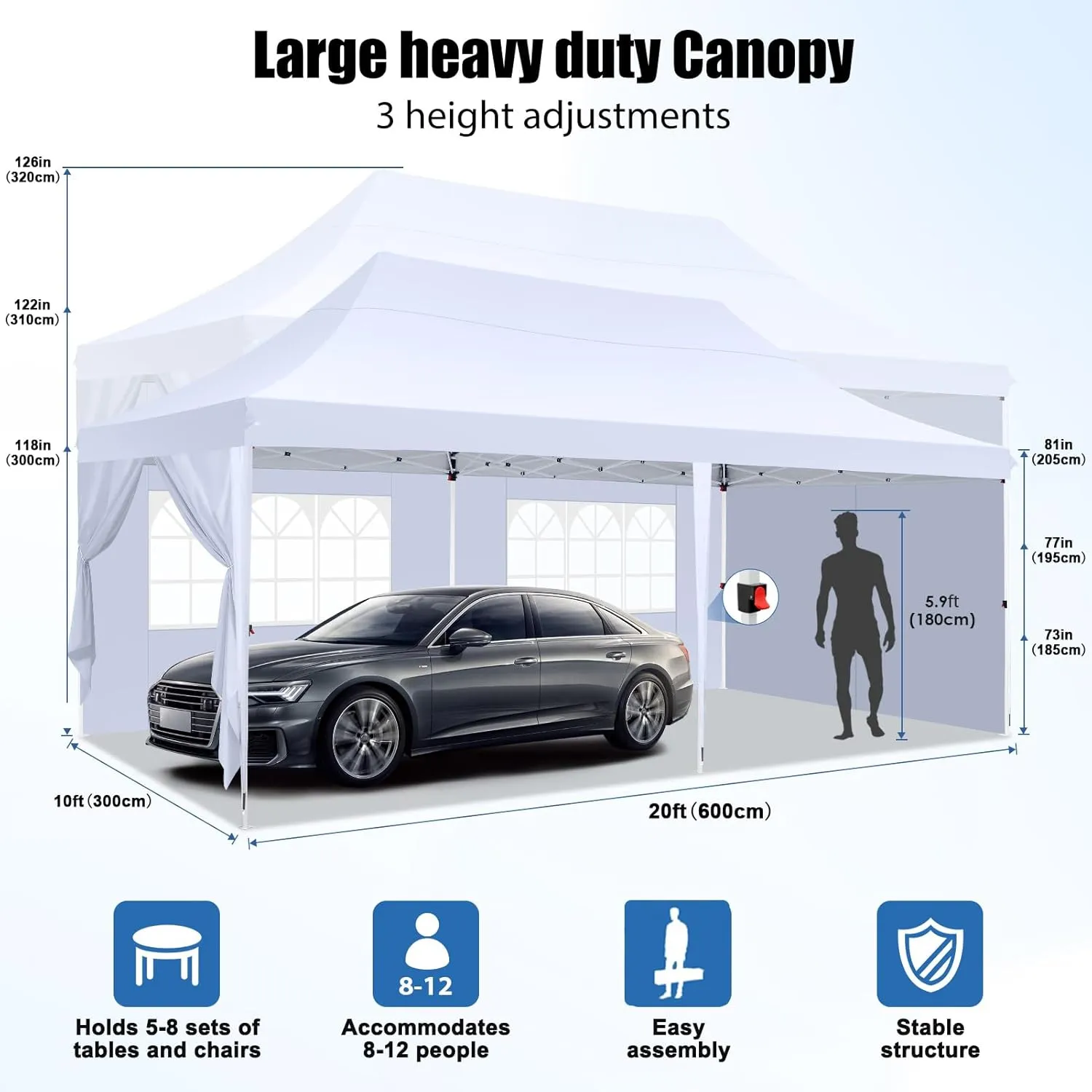 COBIZI 10x20 Pop Up Canopy with 6 Sidewall, Commercial Canopy UPF 50  Waterproof Outdoor Gazebo with Carry Bag, Tents for Parties with Upgrade Frame, 3 Height Adjustable, White