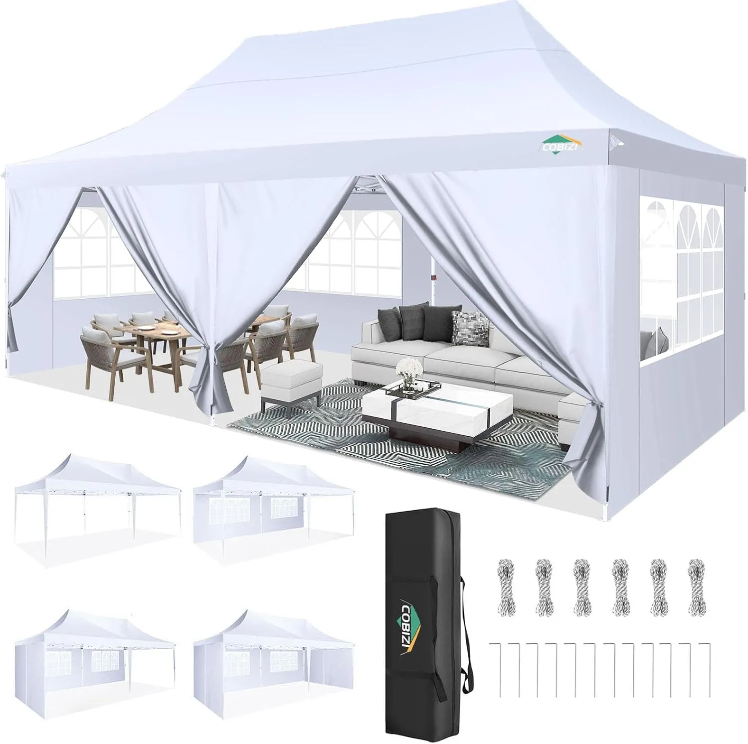 COBIZI 10x20 Pop Up Canopy with 6 Sidewall, Commercial Canopy UPF 50  Waterproof Outdoor Gazebo with Carry Bag, Tents for Parties with Upgrade Frame, 3 Height Adjustable, White