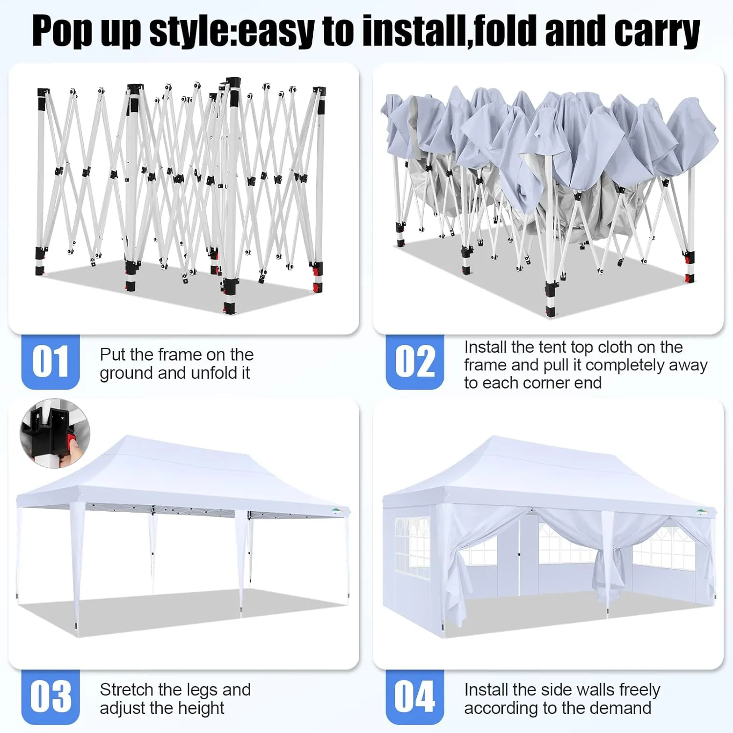 COBIZI 10x20 Pop Up Canopy with 6 Sidewall, Commercial Canopy UPF 50  Waterproof Outdoor Gazebo with Carry Bag, Tents for Parties with Upgrade Frame, 3 Height Adjustable, White