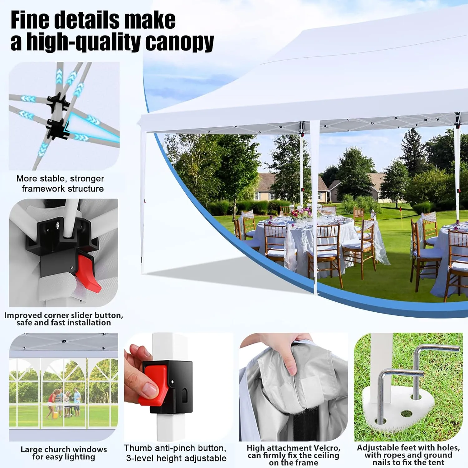 COBIZI 10x20 Pop Up Canopy with 6 Sidewall, Commercial Canopy UPF 50  Waterproof Outdoor Gazebo with Carry Bag, Tents for Parties with Upgrade Frame, 3 Height Adjustable, White