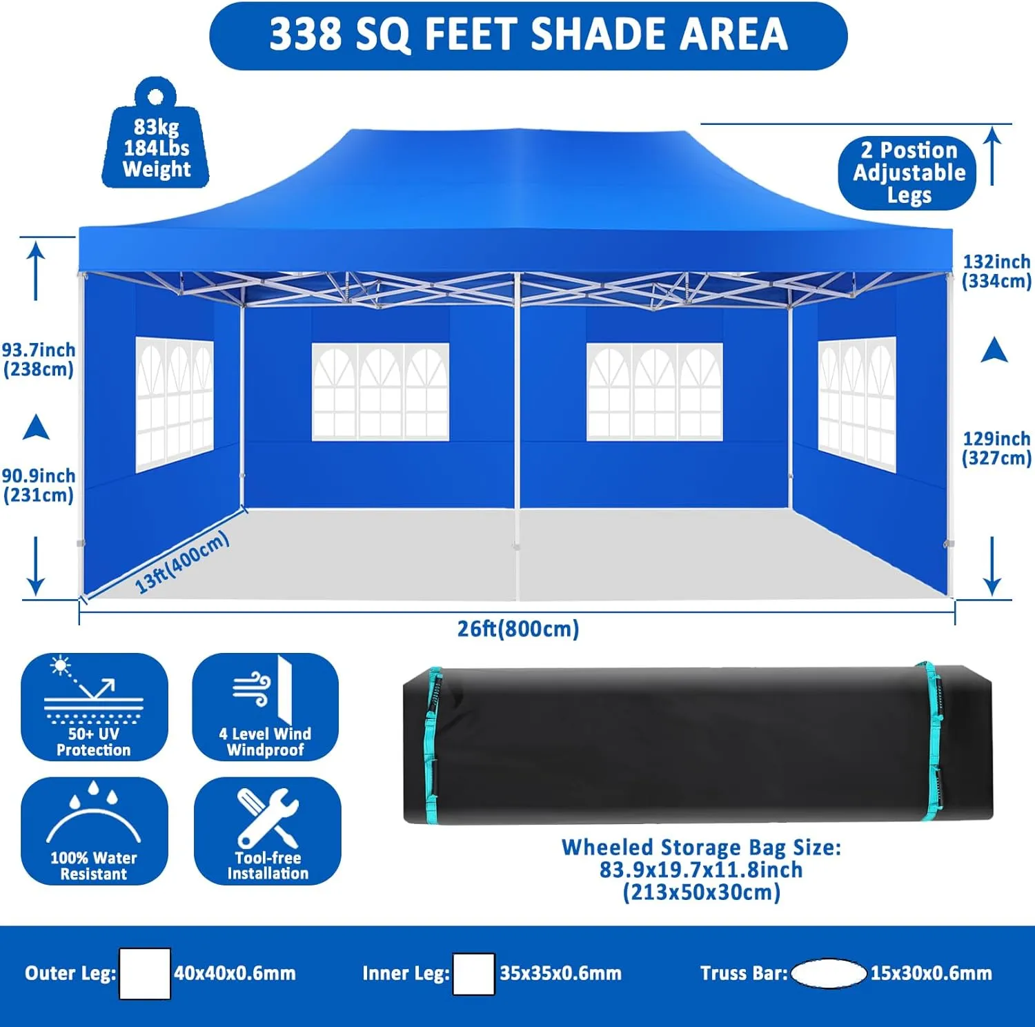 COBIZI 13x26 Pop Up Canopy with 6 Sidewall,Heavy Duty Canopy UPF 50  All Season Wind Waterproof Commercial Outdoor Wedding Party Tents for Parties Canopy Gazebo with Roller Bag(13 x 26 ft Blue)