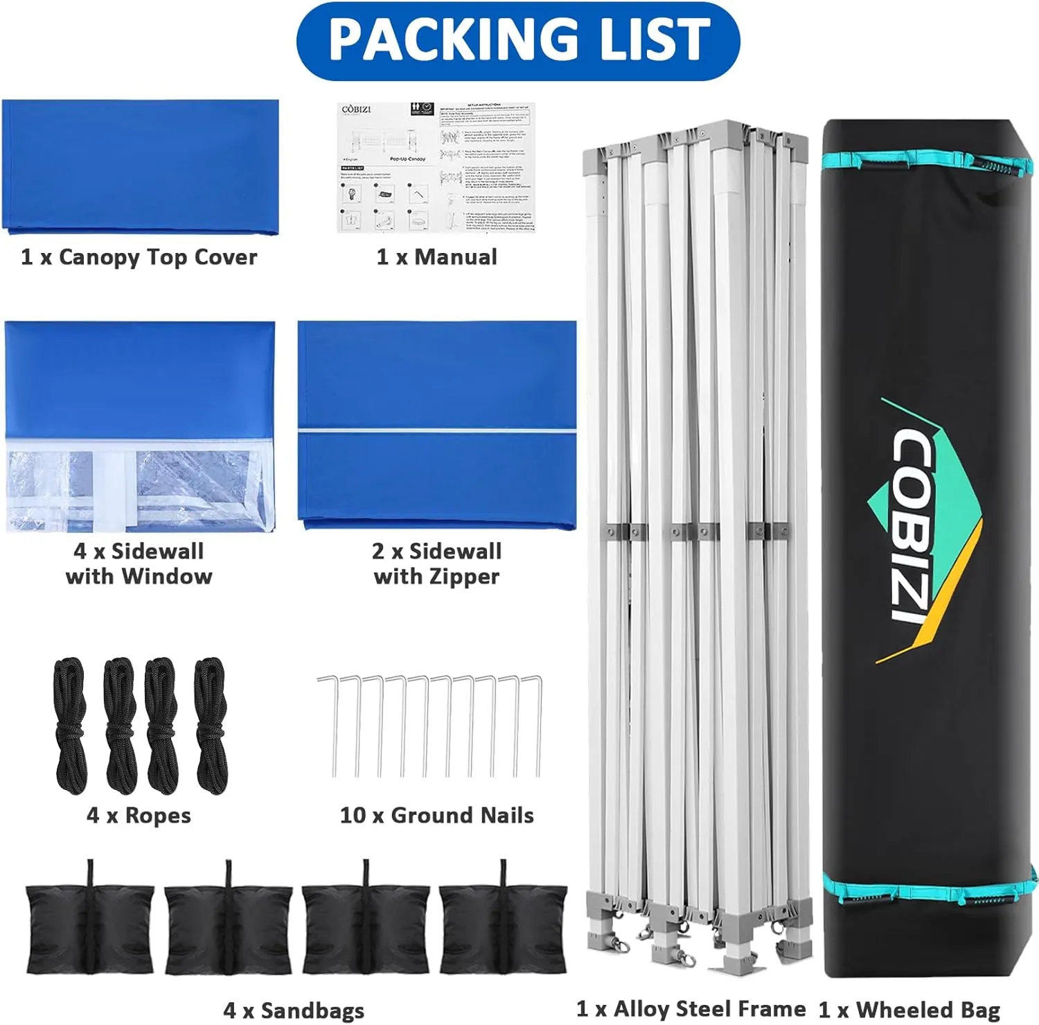 COBIZI 13x26 Pop Up Canopy with 6 Sidewall,Heavy Duty Canopy UPF 50  All Season Wind Waterproof Commercial Outdoor Wedding Party Tents for Parties Canopy Gazebo with Roller Bag(13 x 26 ft Blue)
