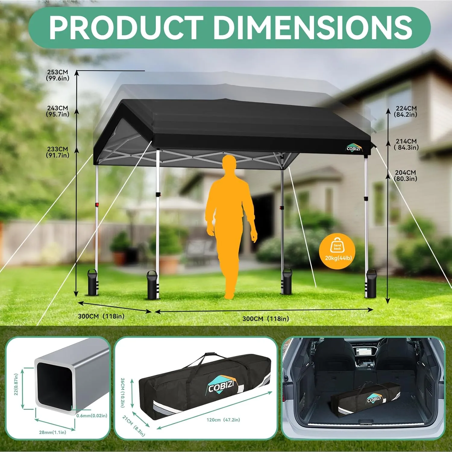 COBIZI Canopy Tent 10x10 Pop Up Canopy with One Button Push Center Lock, Portable Carport with 1 sidewall, 10x10 Carport Canopy for Parties, Commercial, Events, Waterproof, UPF 50 , Black